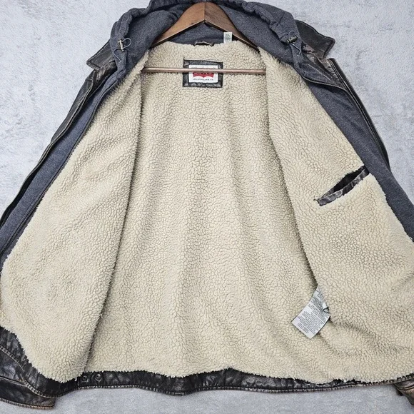 Levi's Men's Faux Leather Sherpa Hoodie‎ Jacket XXL Brown Distressed Grunge Moto